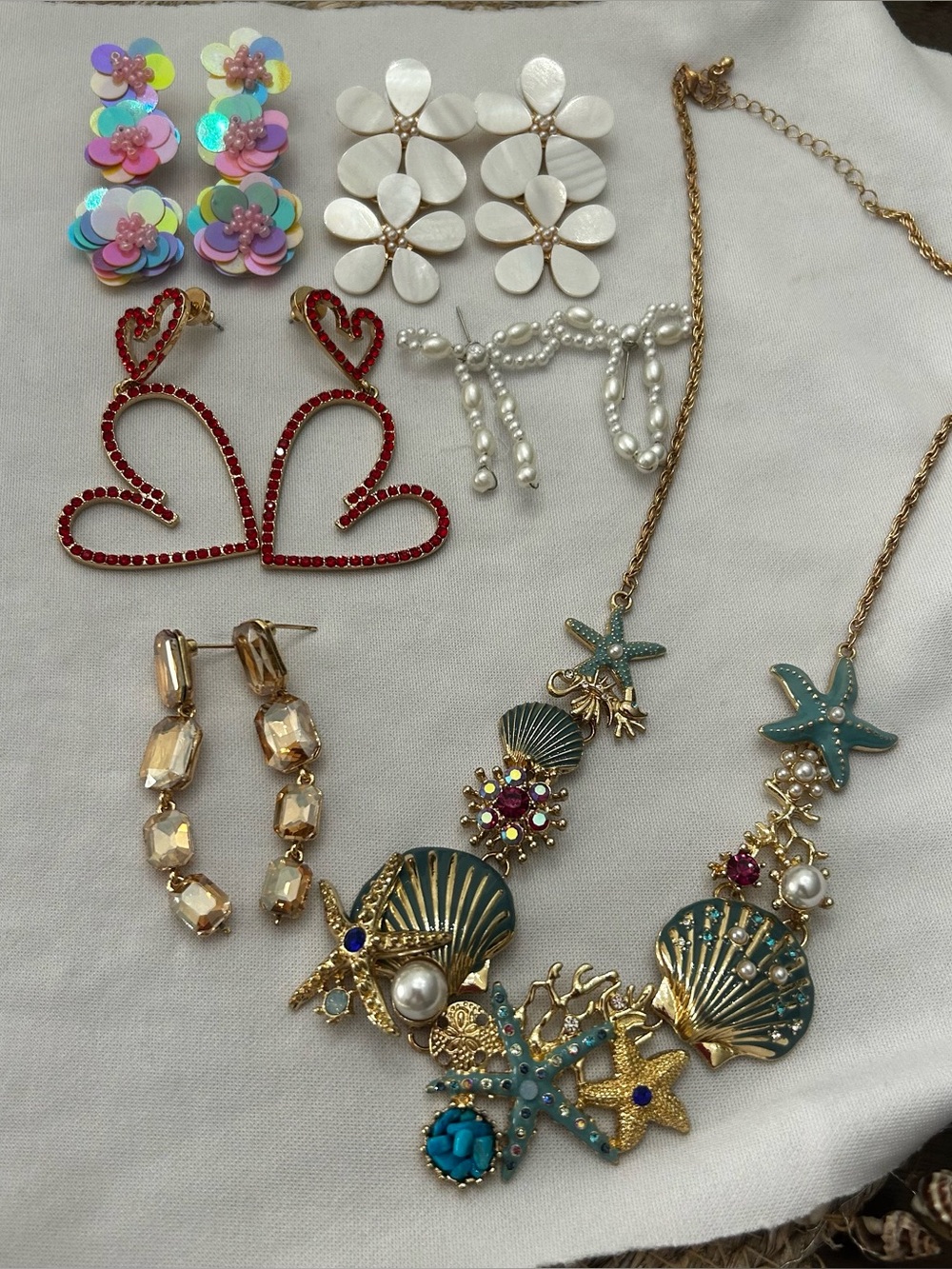 Seashell & Starfish Statement Necklace & Pierced Earrings